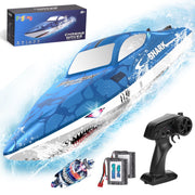 FAGINEY Brushless RC Shark Boat, 34 MPH, 2.4GHz Remote Control, Self-Righting, LED Lights, Blue, HJ818