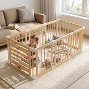 Babyeap Wooden Baby Playpen, Foldable Large Wood Play Gate with Built-in Activity Panel, Off-White, 47x47x26.3 in