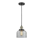 Innovations 1 Light Mini Pendant, Black Antique Brass Finish, Clear Large Bell Glass Shade, Dimmable LED, Adjustable Hanging Cord, 8 in, 201C-BAB-G72-LED