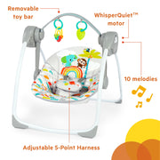 Bright Starts Baby Swing, Rainforest Vibes, Portable Foldable Design, 6 Speeds with WhisperQuiet Technology, Removable Toy Bar, Newborn to 9 Months, 12426