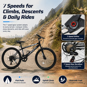 FUPOJH 20 Inch Kids Mountain Bike, 7 Speed, V Brakes, Off Road Tires, Black