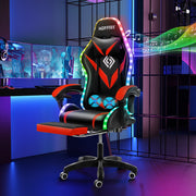 Hoffree Gaming Chair with Speakers PU Leather Office Chair with Footrest and LED Lights Ergonomic Gamer Chair