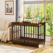 COZYPAWS Bel Ark 48 Inch Furniture Style Dog Crate, Extra Large, Double Doors, Heavy Duty Steel Frame with Retro Wood Finish, 360 Caster Wheels, Indoor Dog Kennel, Brown