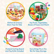 Battat Pantry in a Bucket Play Food Set, 79 Pieces, Colorful Pretend Grocery and Kitchen Toys for Toddlers and Preschoolers, Storage Bucket with Lid and Handle