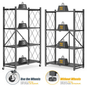Furnibear 4-Tier Folding Storage Shelves with Wheels, Foldable Metal Rack, Rust-Resistant Black, 600 lbs Capacity