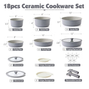 SENSARTE SA-SET47-18PCS-Gray Nonstick Ceramic Pots and Pans Set with Detachable Handle, 18-Pieces, Gray