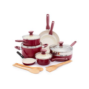 GreenPan CC002330-001 Rio Ceramic Nonstick 16-Piece Pots & Pans Cookware Set, Red