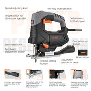 Naipo Engindot Corded Electric Jigsaw, 800W 6.7 Amp, 6 Variable Speeds, 4 Orbital Settings, Laser Guide, LED Light, Adjustable Bevel Base, Includes 6 Blades, PJS02A