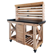 Backyard Discovery 48in Cedar Wood Buffet Hutch Serving Station with Powder-Coated Galvanized Steel Countertop, Wine Rack, Modular Shelves, Towel Bar, Heavy-Duty Casters, 2304116