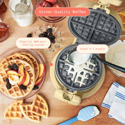 Made By Gather Beautiful Rotating Belgian Waffle Maker, 900W, EverGood Ceramic Nonstick, Adjustable Browning, Buttercream, Compact Foldable Design, 29426
