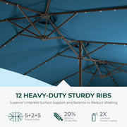 Patbrela 15ft Double Sided Rectangular Patio Umbrella with Solar LED Lights, Crank Handle, Blue Aluminum Alloy Frame