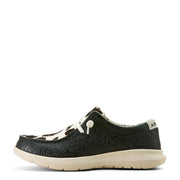 ARIAT Women Hilo Shoe, Floral Embossed Leather and Hair Calf Slip-On Flats, Black Floral Emboss/Black and White, Cushioned Rubber Sole, 7.5, 10063882