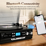RetroAudio 10 in 1 Turntable with Bluetooth, Built-in Stereo Speakers, AM/FM Radio, Cassette Player, USB/SD Recorder, Aux-in, RCA Line-Out, 3-Speed TR17