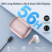 WeurGhy Wireless Earbuds, Bluetooth 5.3, Noise Cancelling, Hi-Fi Stereo Sound, IPX7 Waterproof, 56H Playtime, Pink, X12 Pro