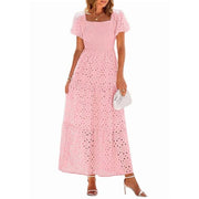 PRETTYGARDEN Summer Dress for Women, Eyelet Floral Pattern, Square Neck, Puff Sleeve, Smocked Waist, Maxi Length, Pink, with Pockets