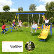 Fashionsport Outfitters Metal Swing Set, 5-in-1 Outdoor Playground with Double Wall Slide, Flying Saucer, Teeter-Totter, Two Person Swings, Trapeze Bar, Yellow
