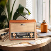 Topteng Retro Table Top Radio, Portable AM FM SW Radio with Wooden Shell, Bluetooth Speaker, USB SD Playback, AUX Headphone Jack, Rechargeable Battery, E202-A010