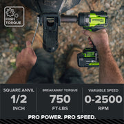 Greenworks IW5800A3 Pro PowerAll 24V Brushless Cordless Impact Wrench, 1/2 in, 750 ft-lb Breakaway Torque, Compact, Tool Only, IW5800A3