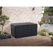 Keter Marvel Plus 71 Gallon Resin Outdoor Storage Box with Wood-Look Texture, Weather-Resistant, Lockable, Graphite