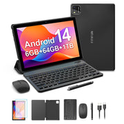 Fitifun M10 10.1 Inch Android 14 Tablet 6GB RAM 64GB Storage Expandable to 1TB 6000mAh Battery 5G Wi-Fi 6 Dual Cameras Bluetooth Keyboard Bundle Black