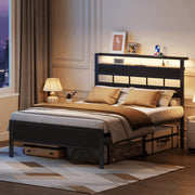 Satifur Full Size Bed Frame with Storage Headboard, LED Light, Metal Slats, Noise-Free Design, Black