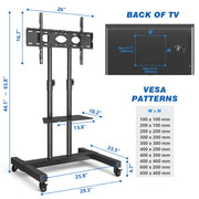 RTVR Rolling TV Stand with Wheels, Adjustable Height and Tilt, Metal Steel Frame, Black, Fits 32 to 85 Inch Screens, Supports up to 110 lb