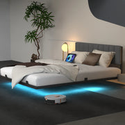 Behost Metal Platform Bed with Smart LED Lights and Charging Station, Grey, Queen