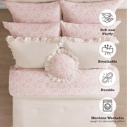 Mainstays 11-Piece Queen Size Bed-in-a-Bag Comforter Set, Reversible Cream Ruffle and Green Floral, Microfiber Polyester