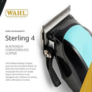 Wahl Sterling 4 Cordless Hair Clipper, Adjustable Taper Lever, 100 Minute Lithium-Ion Battery, Black/Aqua, 3024489