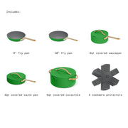 Beautiful by Drew Barrymore 12-Piece Ceramic Non-Stick Cookware Set with Strainer Lids, Kelly Green, Oven Safe to 500F, EverGood Ceramic Coating, 19922