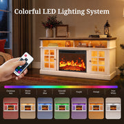 CHITOOMA Fireplace TV Stand with 23-Inch Electric Fireplace, 5100 BTU Heat, Adjustable Multi-Color LED Lighting, Farmhouse Style, White and Brown, Fits Up to 75 Inch TVs