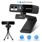 Novodesk 2K Webcam, Dual Noise-Reducing Microphones, Autofocus, Privacy Cover, Tripod Stand