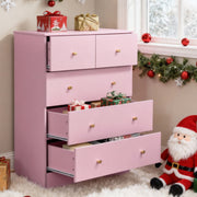 Ktaxon Large 5 Drawers Dresser Chest, Pink, Wooden Bedroom Storage Organizer with Modern Metal Handles