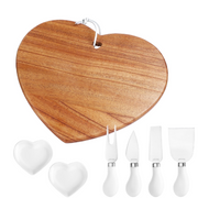 Hecef Heart-Shaped Wooden Charcuterie Board Set with Four Stainless Steel Cheese Knives and Two Ceramic Bowls, White, 7-Piece, 15486010095