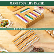 AOKIWO 9 in 1 Kitchen Bag Storage Organizer with Integrated Cutter, Bamboo, Compatible with Gallon Quart Sandwich Snack Sizes
