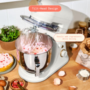 Made By Gather Beautiful 6 Qt Tilt-Head Stand Mixer, 600W Motor, 12 Speeds, Stainless Steel Bowl, Includes Dough Hook, Flat Beater, Balloon Whisk, Pastry Beater & Slicer/Shredder Set, Black Sesame and White Icing, 19892