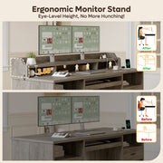 Bestier Farmhouse Executive Desk, 59 in Wood Computer Desk with Charging Station, Keyboard Tray, Monitor Stand, File Cabinet, Gray, H106715SUS-GRYW
