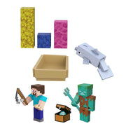 Mattel Minecraft Treasure Hunt Adventure Pack, 3.25-in Action Figures Steve, Dolphin, Drowned with Accessories GYX23