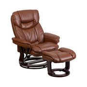 Flash Furniture BT7821VIN Contemporary Brown Leather Recliner and Curved Ottoman with Swiveling Mahogany Wood Base