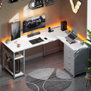 Sofanext Reversible L Shaped Desk with Built-in Power Outlets, Four Drawers, Iron Hooks, Waterproof Wood and Iron Frame, Pure White, 53 in
