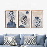 TOARTi Boho Plant Wall Art Set of 3, Blue Bohemian Framed Canvas, Abstract Geometric Line Painting, Modern Nature Prints, 16in x 24in