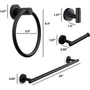 Marmolux Acc 4 Piece Matte Black Bathroom Hardware Set, Stainless Steel, Wall Mounted, Includes 24 Inch Towel Bar, Towel Ring, Toilet Paper Holder, Towel Hook, PA-S911-4BK