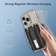 Yelomin Magnetic Portable Charger Power Bank, 10000mAh Battery, Built-In USB-C and Lightning Cables, Foldable Stand, 22.5W Fast Charging, Black