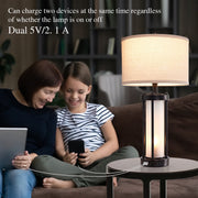 RORIA 24in Modern Table Lamp Set of 2, Black Metal Base, Linen Fabric Shade, Frosted Glass Night Light, Dual USB Charging Ports, Toggle Switch