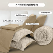 JUSTLET Comforter Set 7 Pieces Bed in a Bag, Reversible Tufted Beige Comforter, Fitted Sheet, Flat Sheet, Pillow Shams, Pillowcases, King