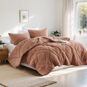 Regency Heights Full/Queen Quilted Comforter Set, Plush Teddy Texture, Double Diamond Pattern, Medium-Weight Fill, Brown, 3-Piece