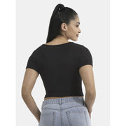 No Boundaries Women's Seamless Scoop Henley Tee, Slim Fit, Black Soot, Short Sleeve, Cropped Hem