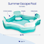 Funsicle Summer Escape Inflatable Swimming Pool, 8.7 ft Rectangular, Lagoon Blue, 4 Cushioned Seats with Backrests, 2 Built-In Drink Holders, KB0986000