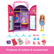 Mattel Barbie Chelsea Doll Closet Playset with 15-Piece Clothes and Accessories, Foldable Doll Playset for On-The-Go Play, HXN03
