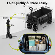 Qunler Utility Garden Wagon, Heavy-Duty Steel Frame, Oversized Tank Wheels, Large Collapsible Folding Cart with Side Pocket, Black